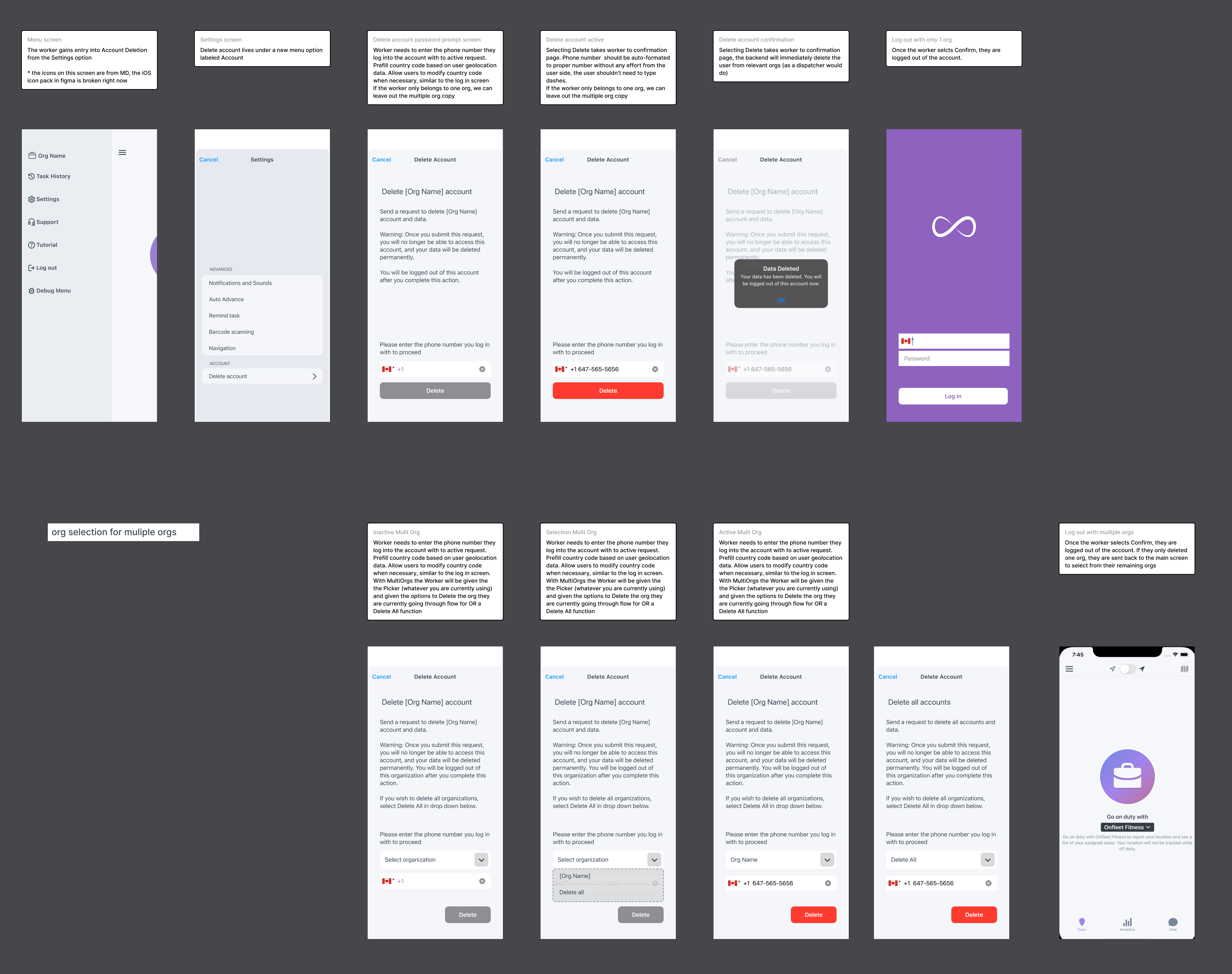 iOS screens for account deletion